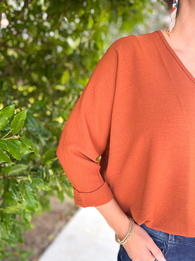 Warm It Up Caramel 3/4 Sleeve V-Neck Top