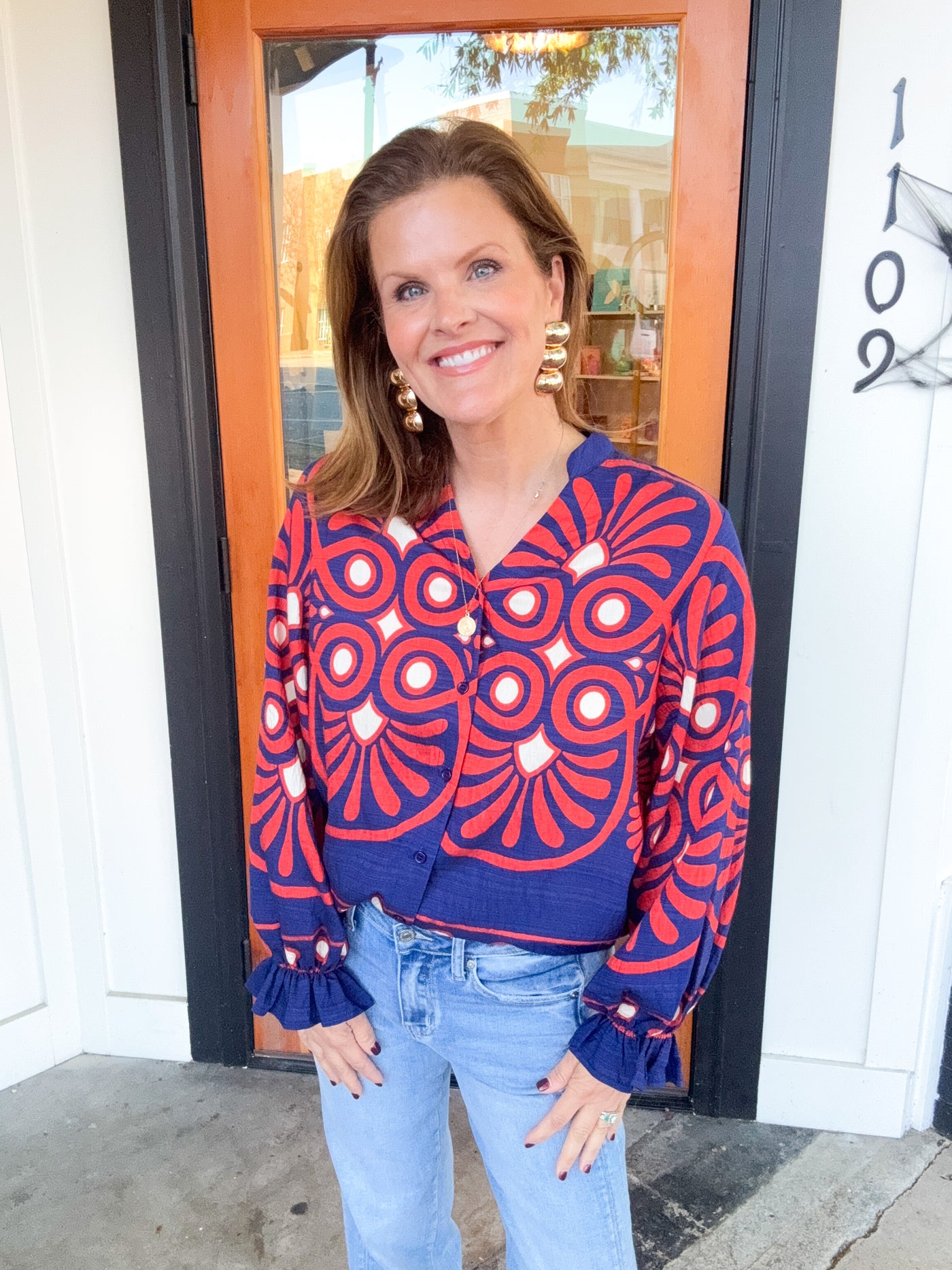 All I Need Geo Ruffle Trim Button Down Top