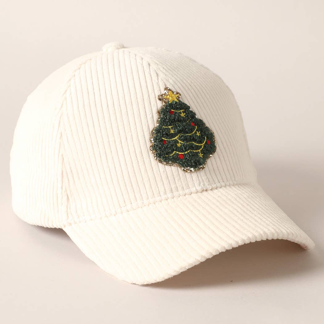 Christmas Tree Patch Corduroy Baseball Cap-Off White