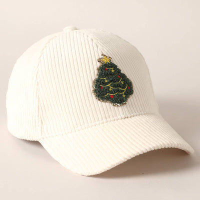 Christmas Tree Patch Corduroy Baseball Cap-Off White