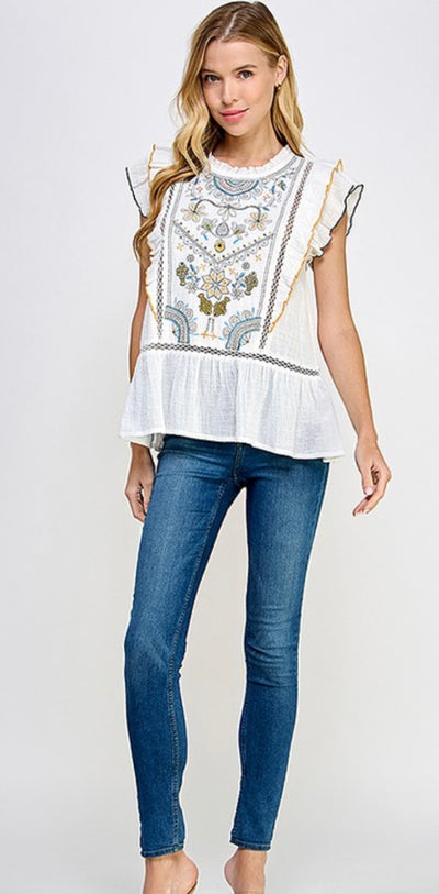 I'm Sorry Embroidered Ruffle Peplum Top