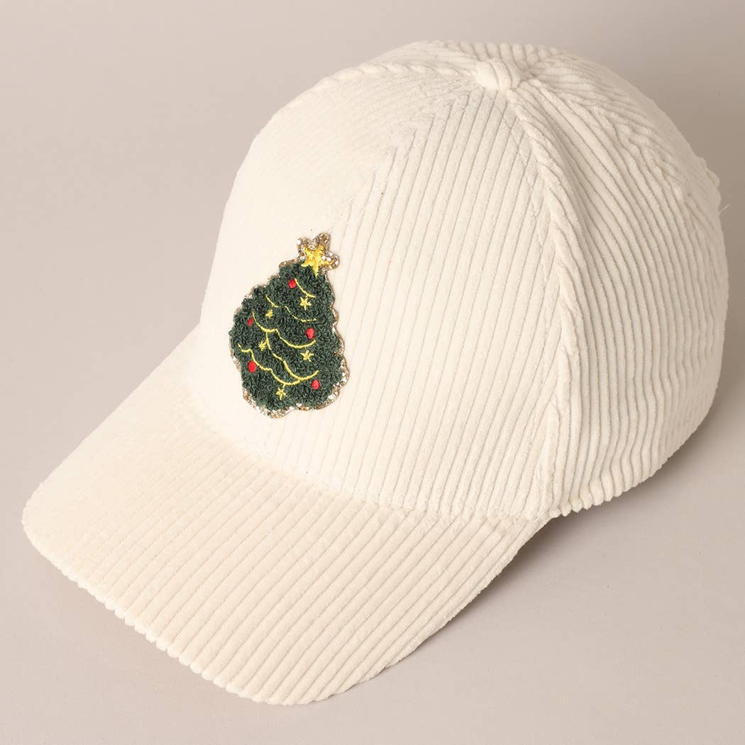 Christmas Tree Patch Corduroy Baseball Cap-Off White