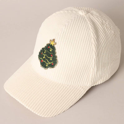 Christmas Tree Patch Corduroy Baseball Cap-Off White