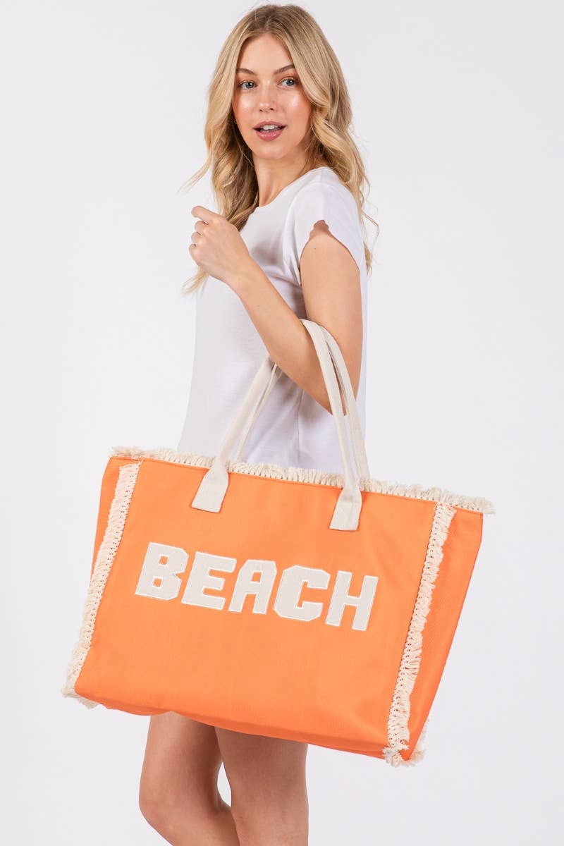 Beach Print Fringe Large Tote Bag: OR