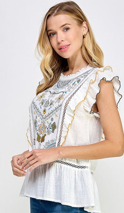 I'm Sorry Embroidered Ruffle Peplum Top
