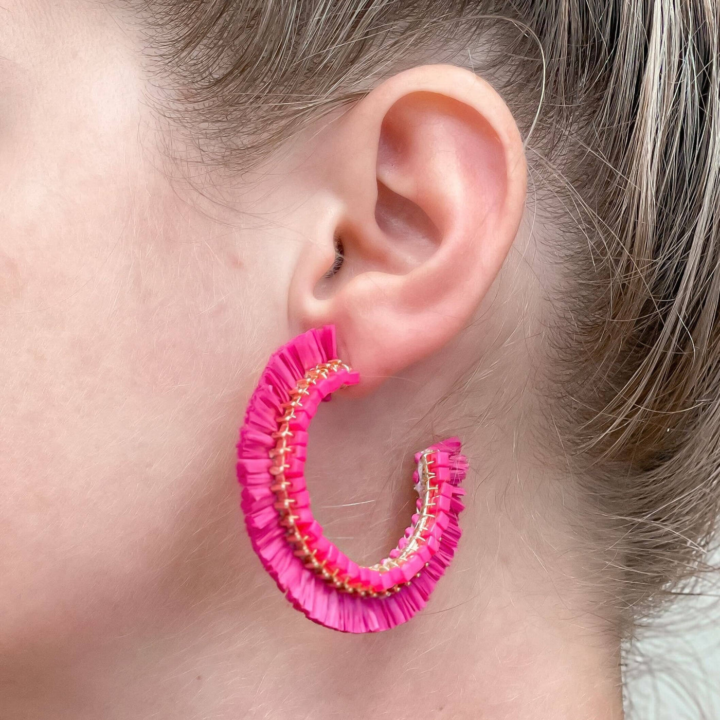 Beaded Raffia Hoop Earrings: White