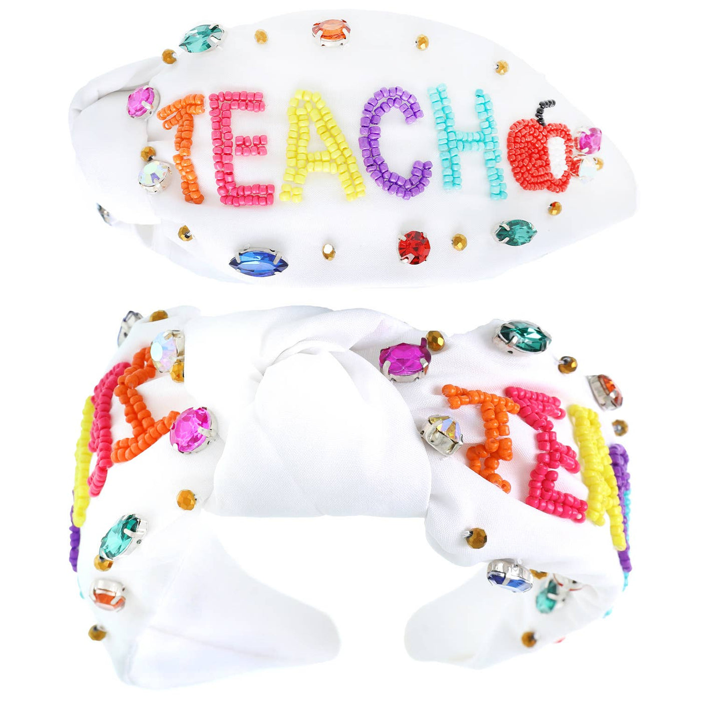 Beaded "Teach" & Apple w/ Rhinestones Knotted Headband: White