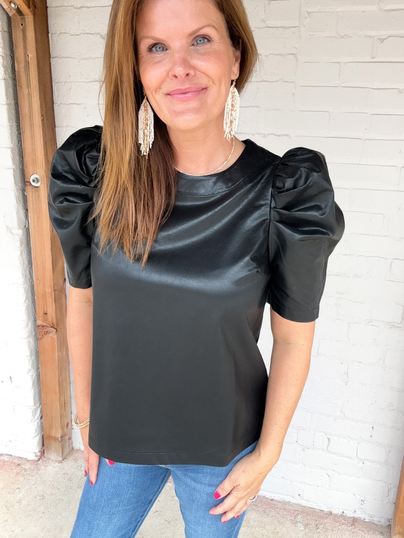 I Fall To Pieces Faux Leather Puff Sleeve Top