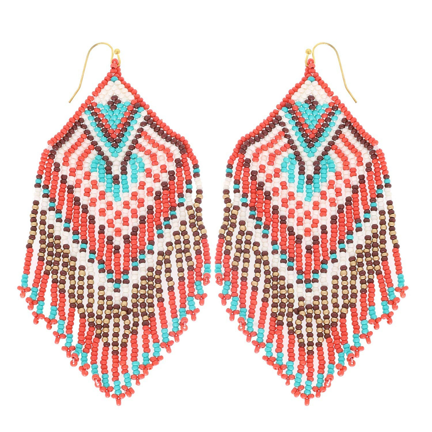 Native American Beaded Tassel Long Drop Earrings: Coral