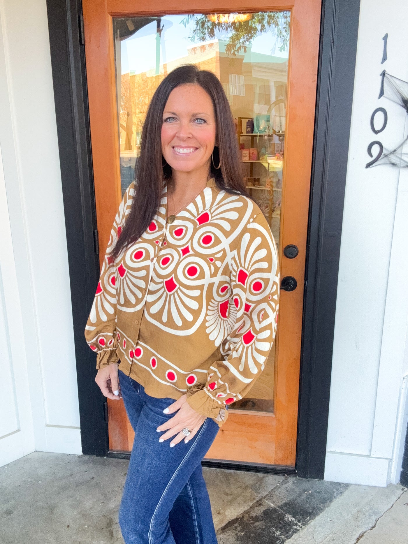 All I Need Geo Ruffle Trim Button Down Top