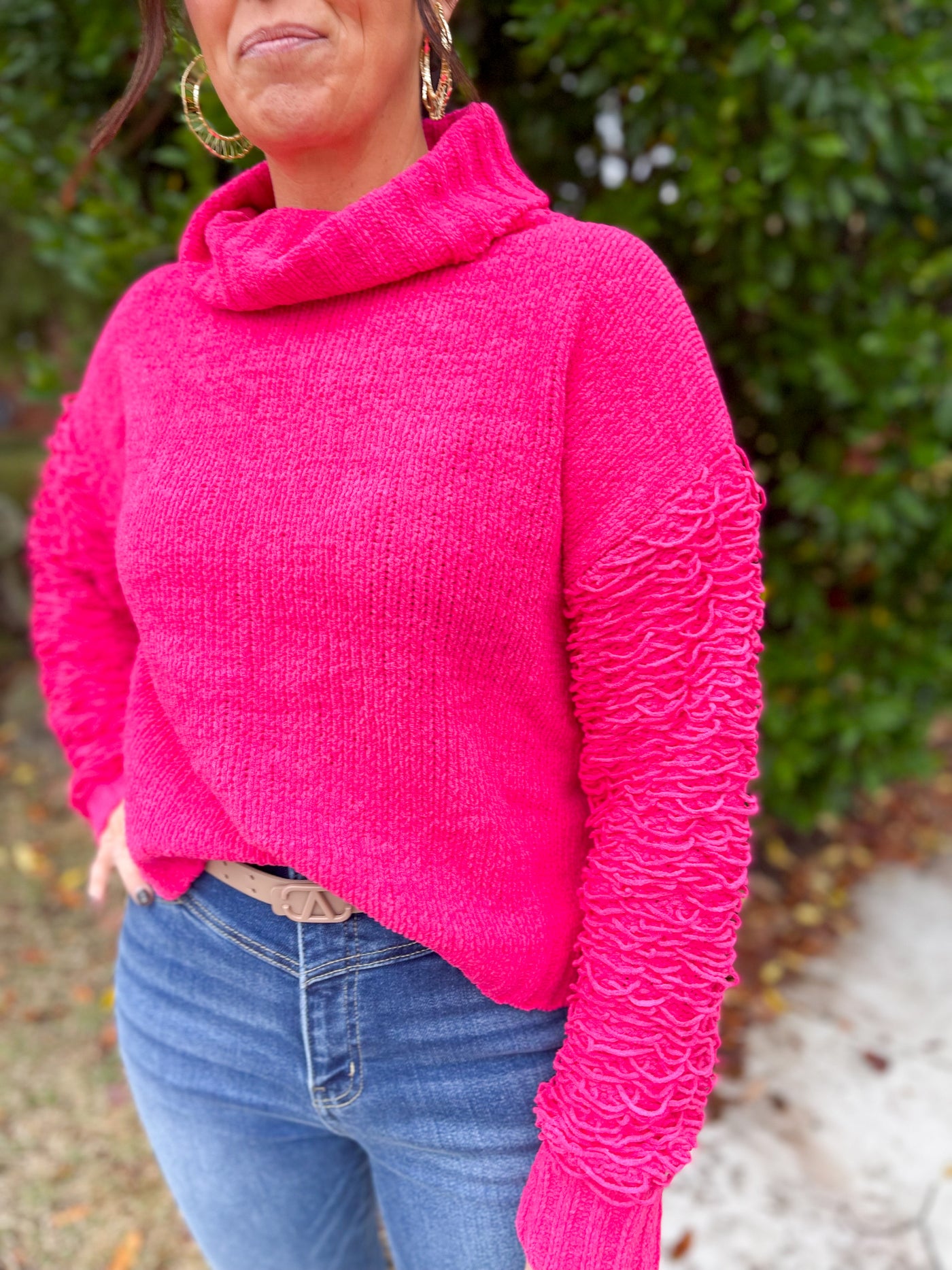 Say Your Mine Again Pink Turtleneck Fuzzy Sleeve Sweater