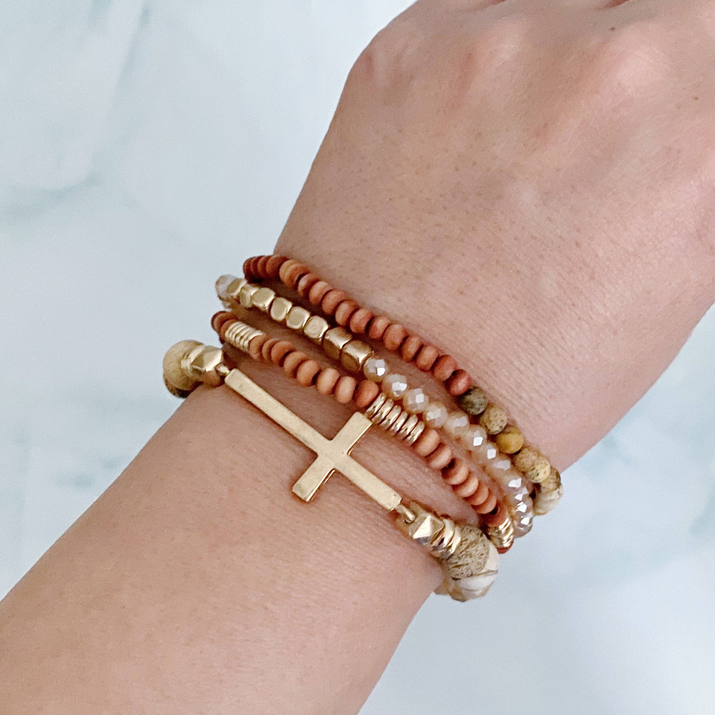 Set Of 4, Stone And Wooden Beads Bracelet: Brown Jasper