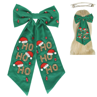 Christmas HO HO HO Jeweled Bow Barrette Hair Clip : Green