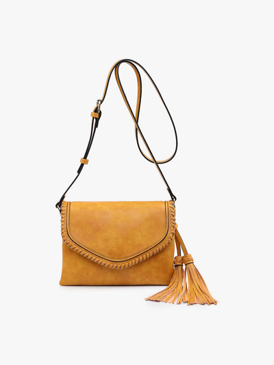 Sloane Flapover Crossbody w/ Whipstitch and Tassel: Grey