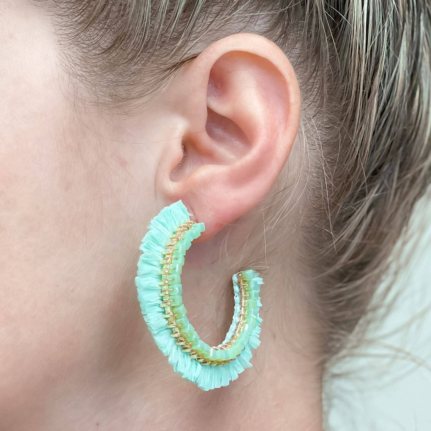 Beaded Raffia Hoop Earrings: Green