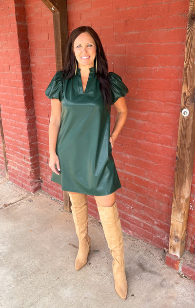 Hunter Green Faux Leather Puff Sleeve Dress