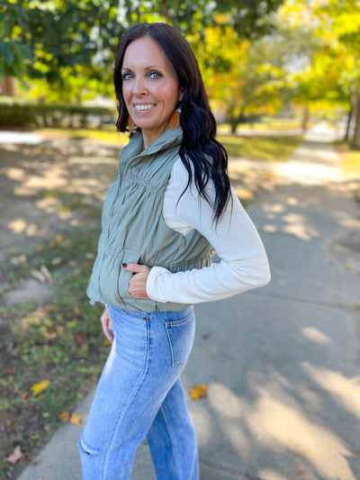 I Get Ideas Sage Crop Pleat Vest
