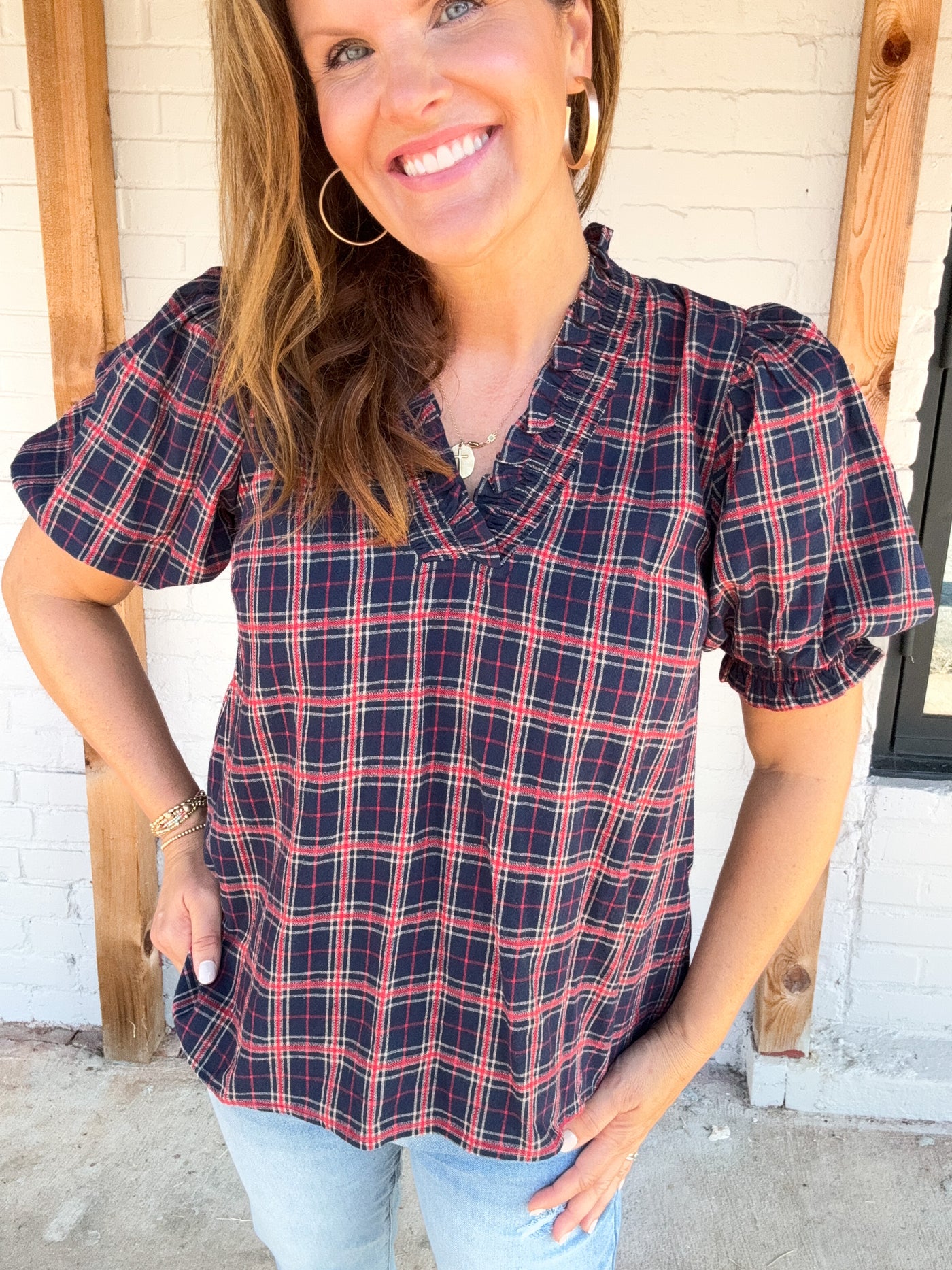 Spanish Harlem Plaid Smock Ruffle Puff Sleeve Top