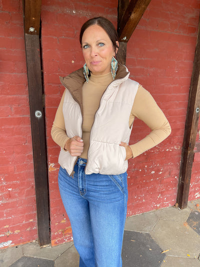 Friday I'm In Love Reversible Puffer Vest-Cocoa/Ivory