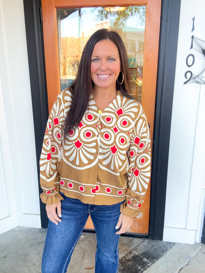 All I Need Geo Ruffle Trim Button Down Top