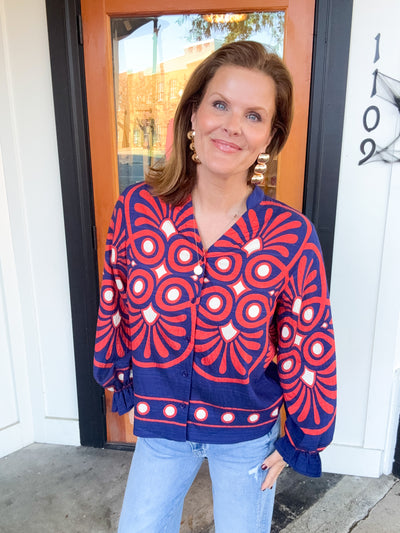 All I Need Geo Ruffle Trim Button Down Top