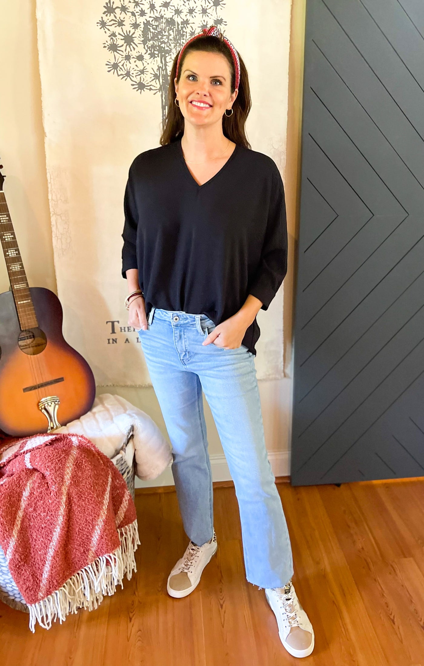 Warm It Up Black 3/4 Sleeve V-Neck Top