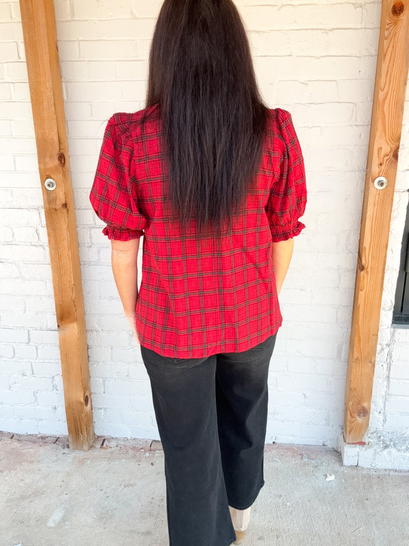 Spanish Harlem Plaid Smock Ruffle Puff Sleeve Top