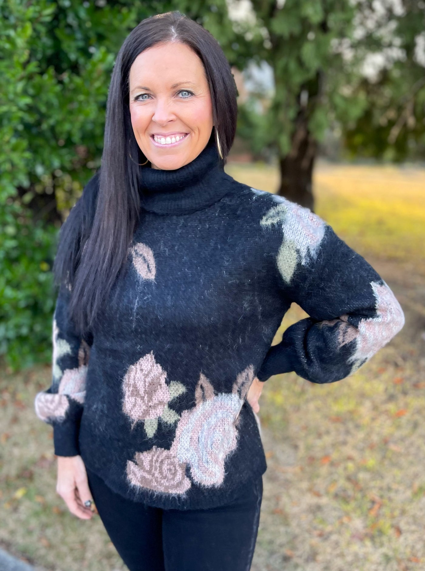 Yellow Rose of Texas Floral Turtleneck Sweater