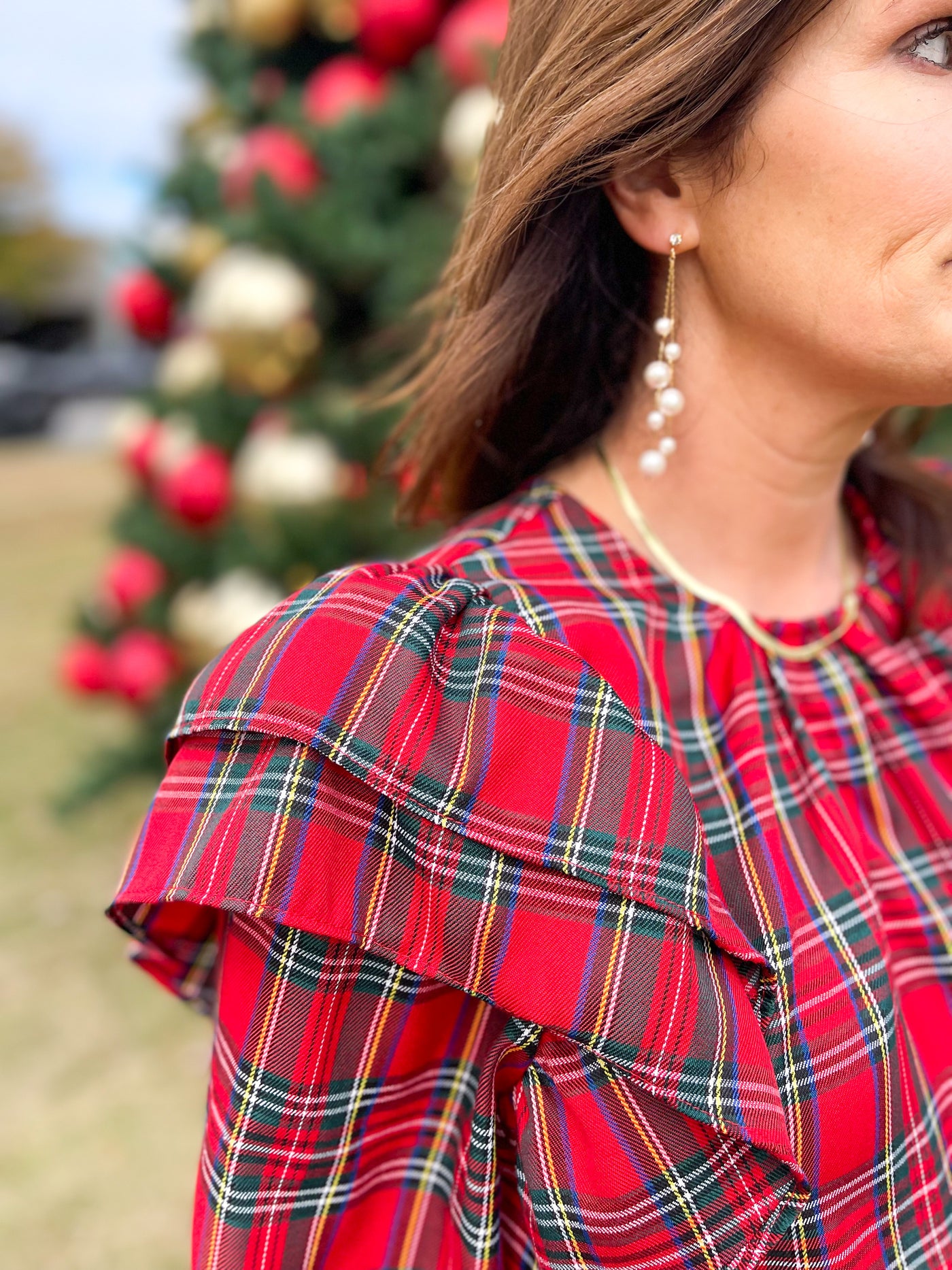 Anytime Red Plaid Ruffle Trim Peasant Top