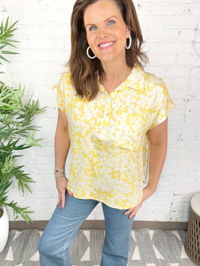 All Shook Up Yellow Floral Button Down Top