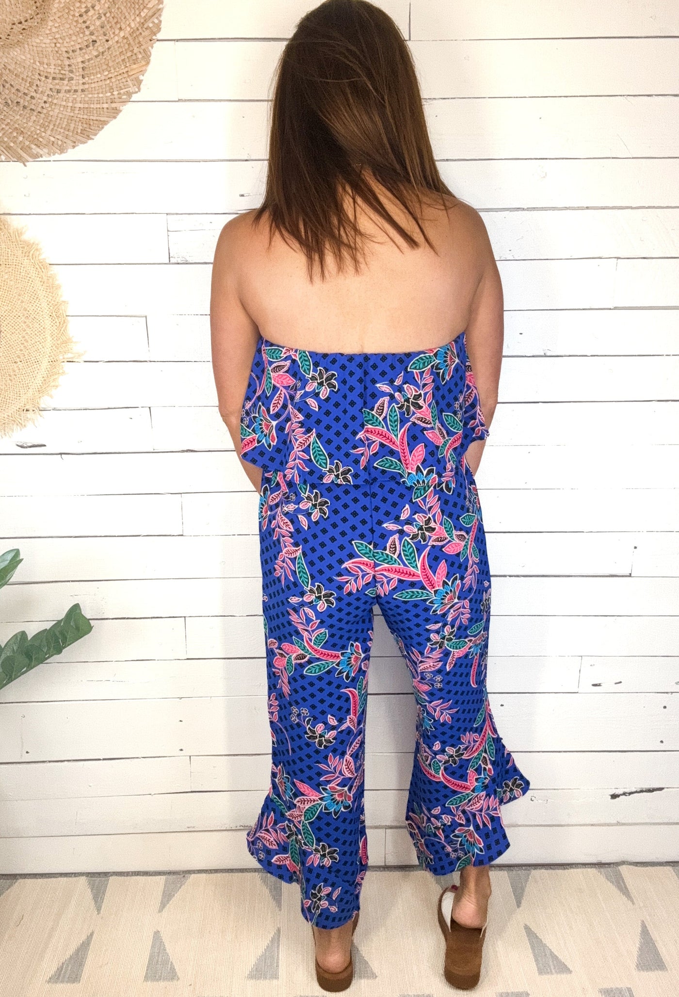 Lonely Boy Tropical Print Strapless Jumpsuit