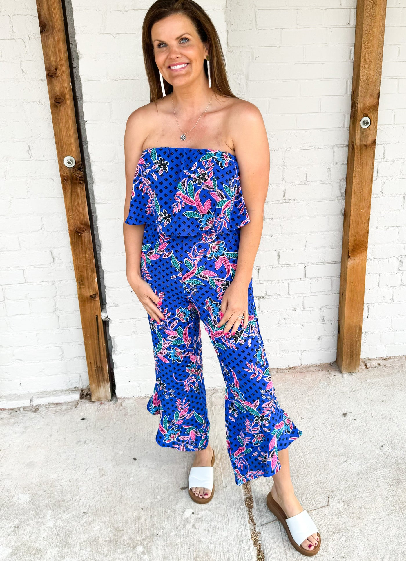 Lonely Boy Tropical Print Strapless Jumpsuit