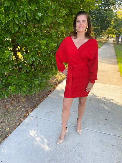 Every Little Step Red Ribbed Wrap Dress