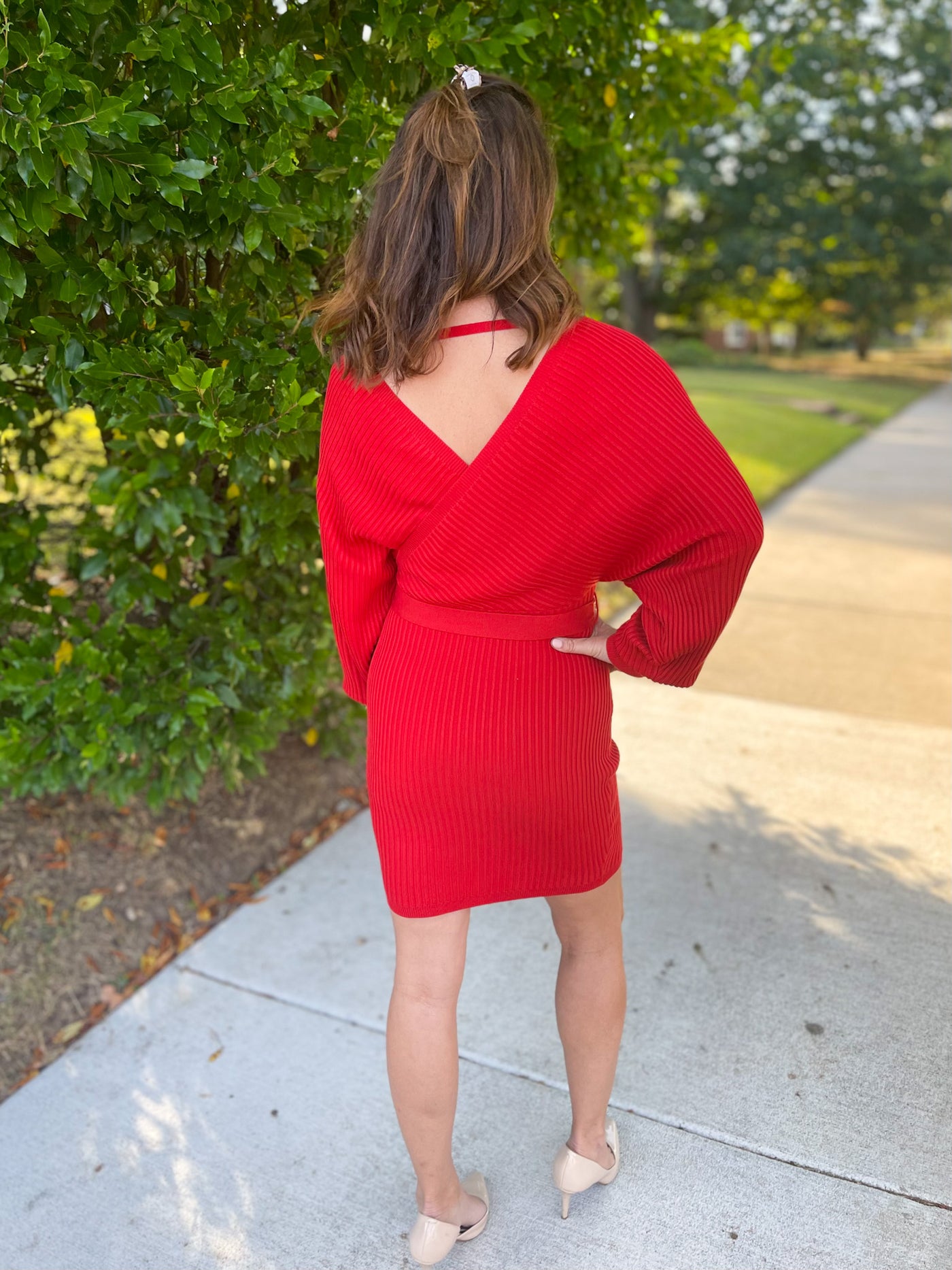 Every Little Step Red Ribbed Wrap Dress