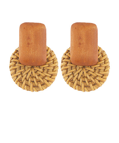 Raffia Round & Wood Square Earrings