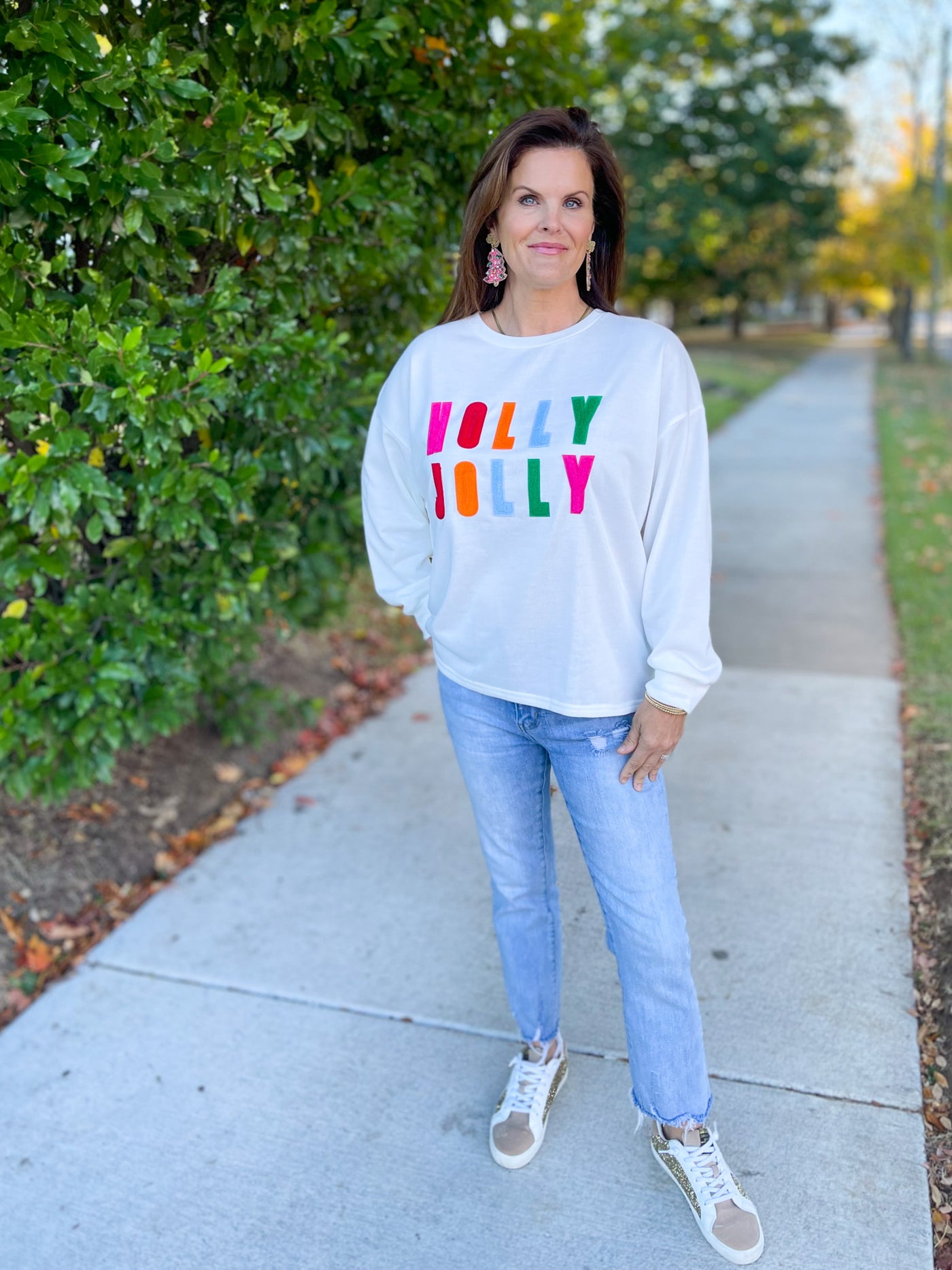 Holly Jolly Chenille Letter Patch French Terry Pullover