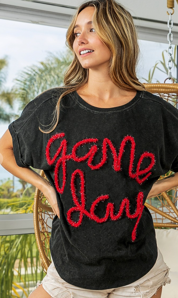 Game Day Metallic Letter Vintage Washed Tee