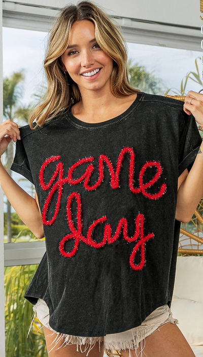 Game Day Metallic Letter Vintage Washed Tee