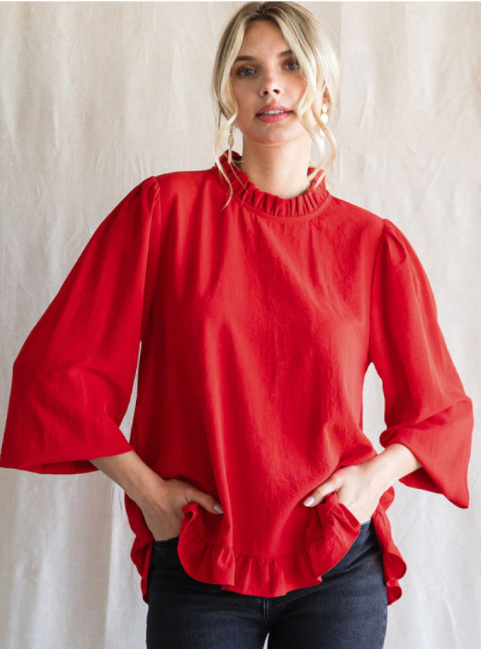 I Will Remember You Red Ruffle Trim Peasant Top