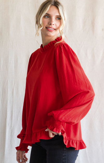 I Will Remember You Red Ruffle Trim Peasant Top