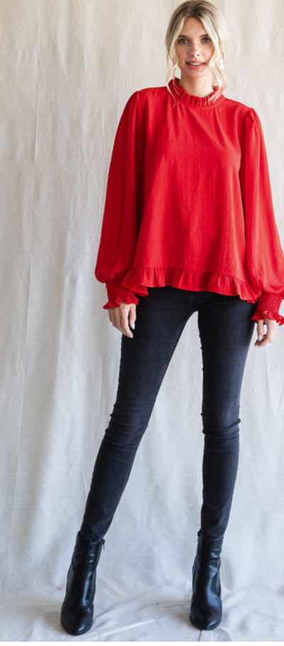 I Will Remember You Red Ruffle Trim Peasant Top