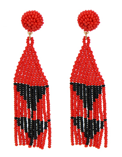 Red/Black Beaded Triangle Tassel Earrings