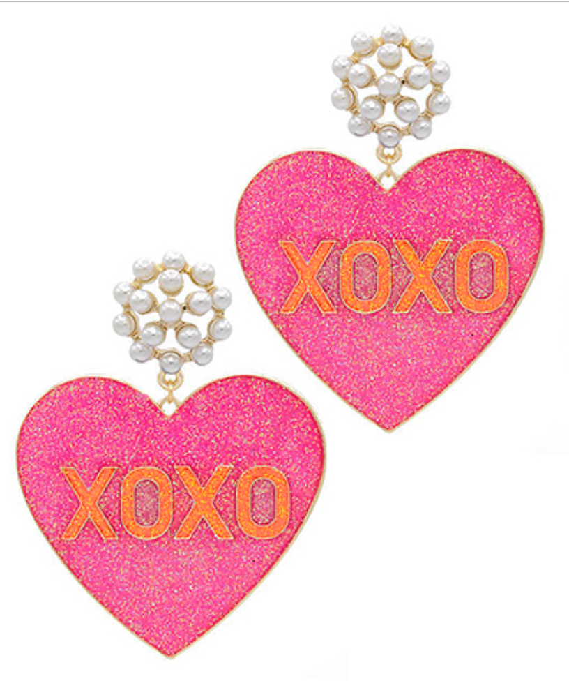 Pearl & "XOXO" Heart Epoxy Glitter Earrings