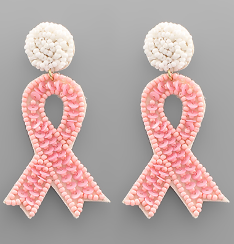 Beaded Pink Ribbon Earrings