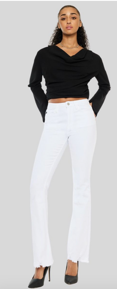 Lilith White High Rise Boot Cut Raw Hem Jeans