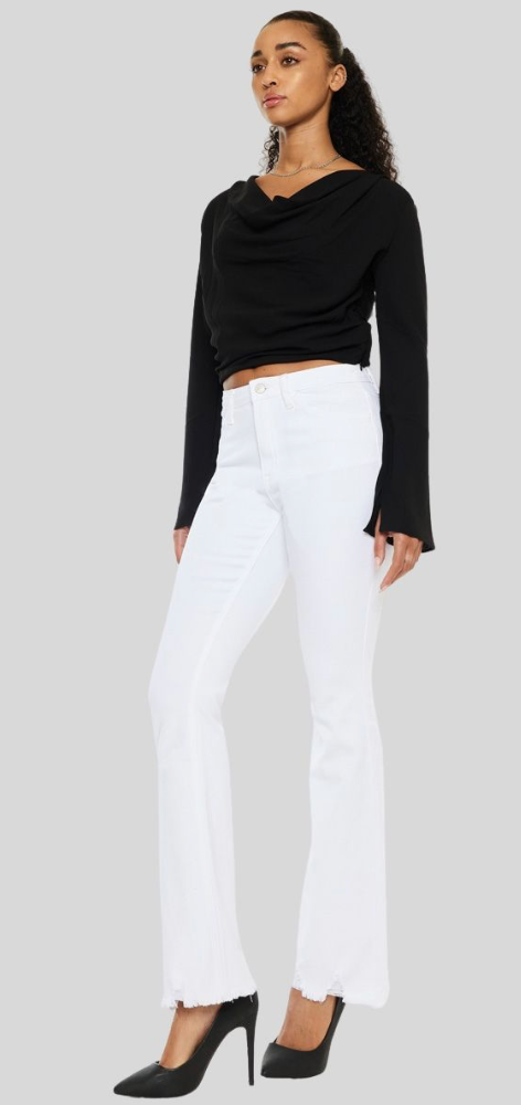 Lilith White High Rise Boot Cut Raw Hem Jeans
