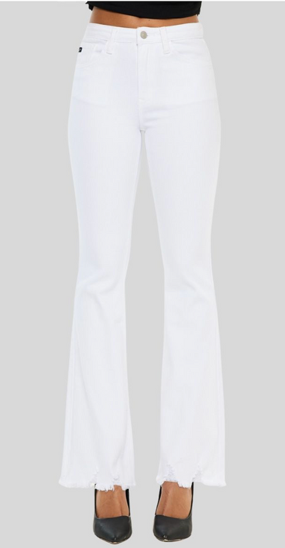 Lilith White High Rise Boot Cut Raw Hem Jeans