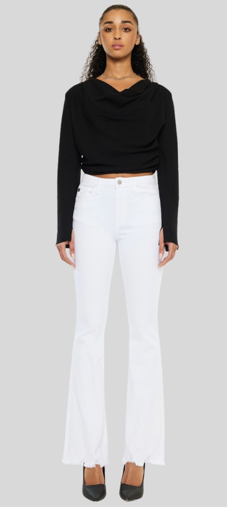 Lilith White High Rise Boot Cut Raw Hem Jeans