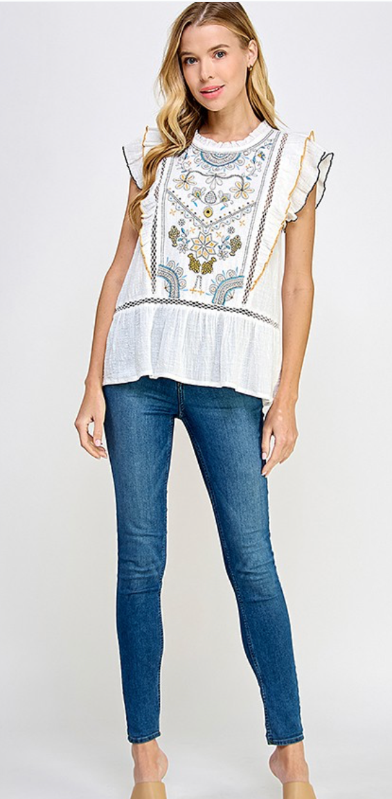I'm Sorry Embroidered Ruffle Peplum Top