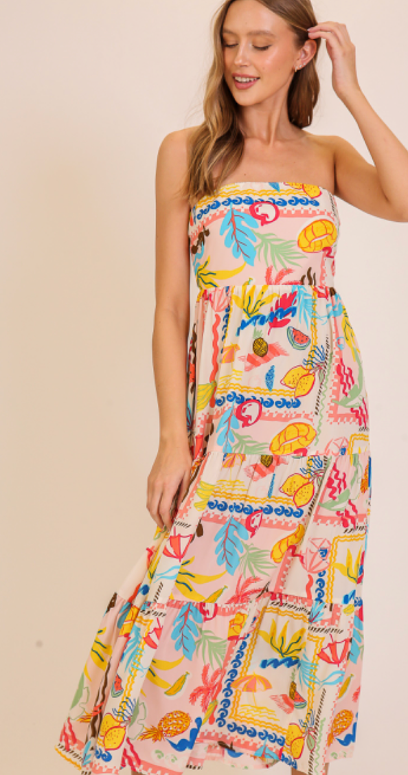 Strapless Tropical Fruit Print Maxi Dress